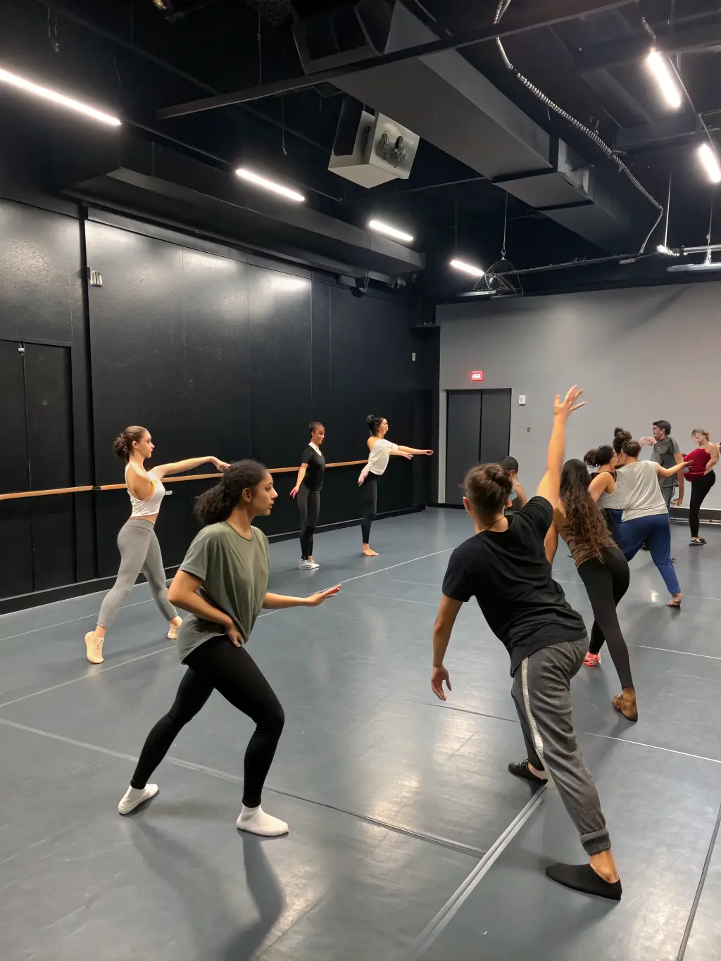 A vibrant image of performers engaged in a contemporary dance workshop, showcasing the energy and creativity of CHAOS COMPAGNIE's educational programs.