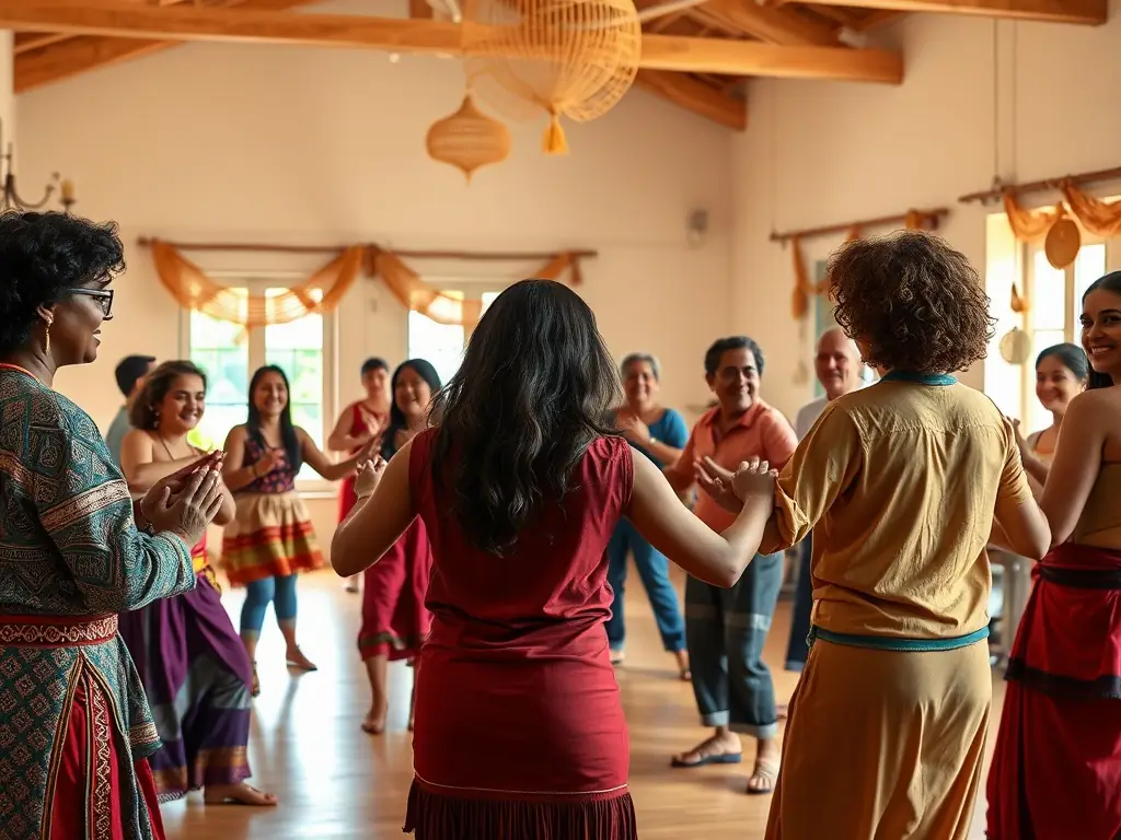 A photo of participants actively engaged in a dance workshop led by CHAOS COMPAGNIE, highlighting the interactive and educational aspect of the program.