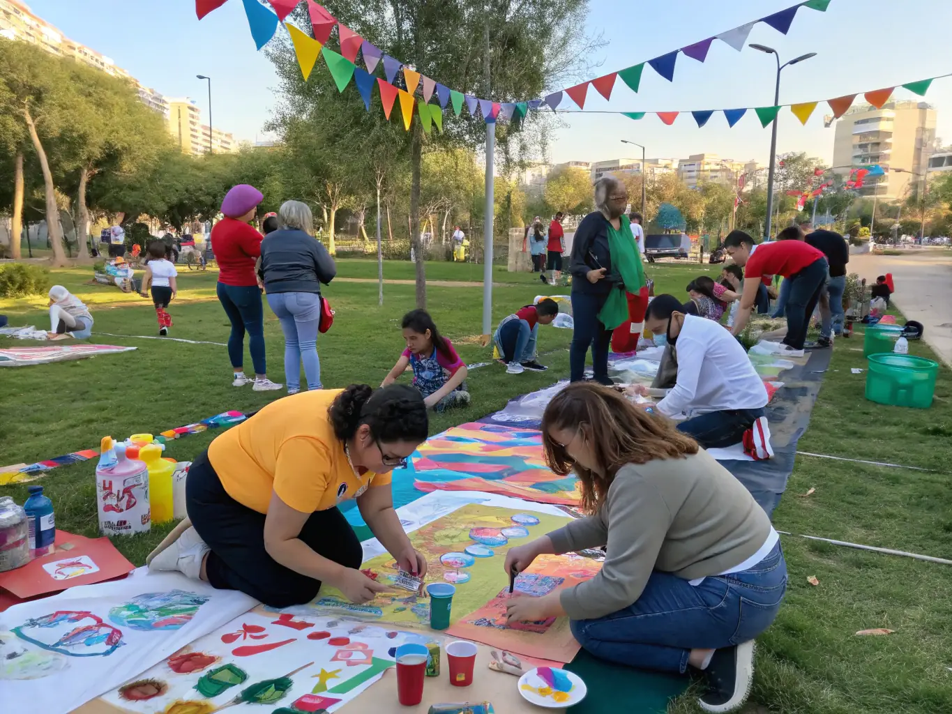 A photograph showcasing a community outreach event organized by CHAOS COMPAGNIE, depicting diverse individuals participating in an art-related activity.