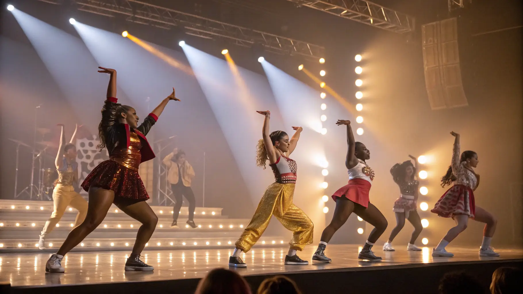 A group of dancers performing on stage with colorful lighting.