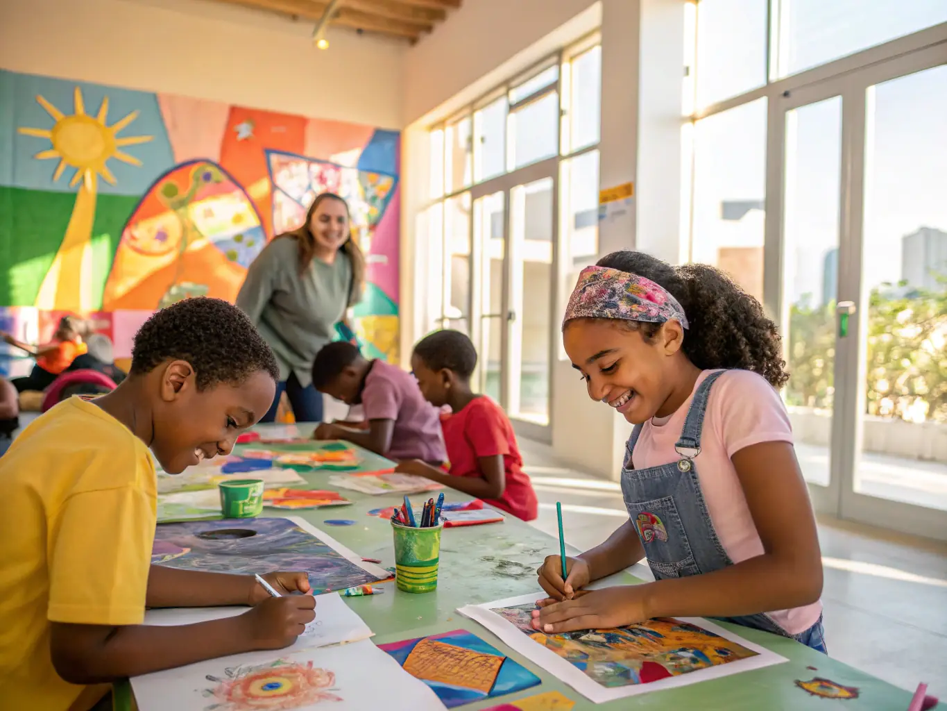 A heartwarming image of children participating in an arts education program by CHAOS COMPAGNIE, showing them painting and laughing, emphasizing the joy of creative expression.