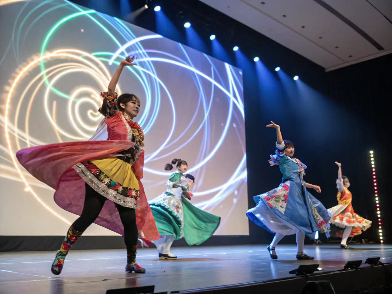 A vibrant image depicting a group of performers engaged in a dynamic dance routine during a CHAOS COMPAGNIE workshop, showcasing energy and collaboration.